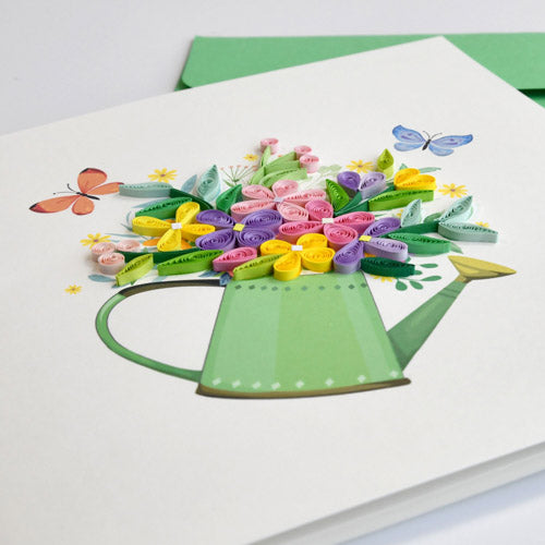 Quilled Watering Can Flowers Greeting Card (15x15cm)