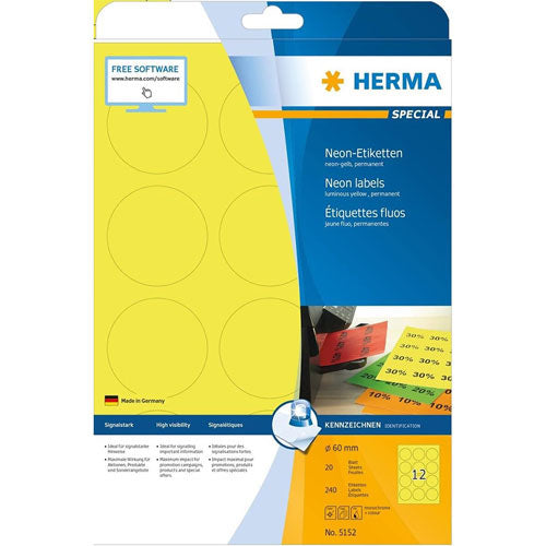 Herma Round Luminous Neon Labels A4 20pc 60mm