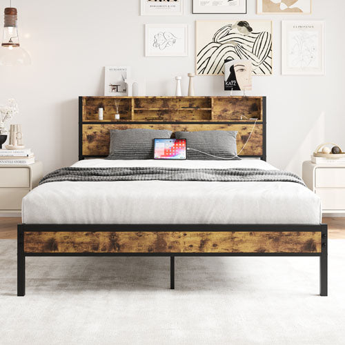 Queen-Sized Bedframe with Charging Station & Storage