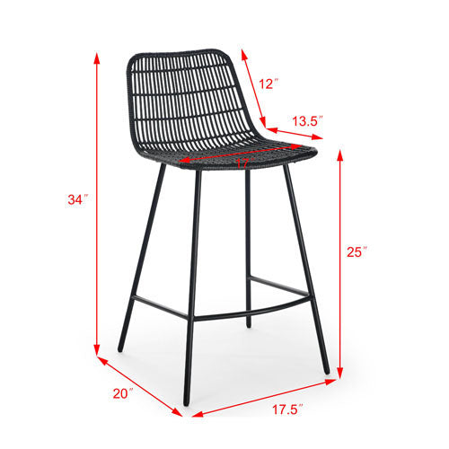 Rattan Wicker Bar Counter Stools w/ Steel Legs 2pcs (Black)