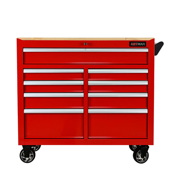 9-Drawer Tool Cart with Wheels & Wooden Top (Red)