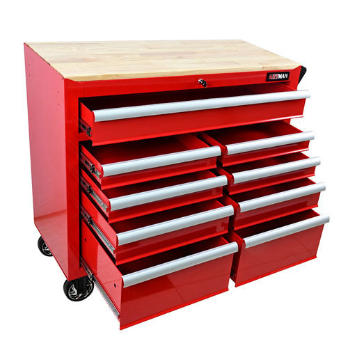 9-Drawer Tool Cart with Wheels & Wooden Top (Red)