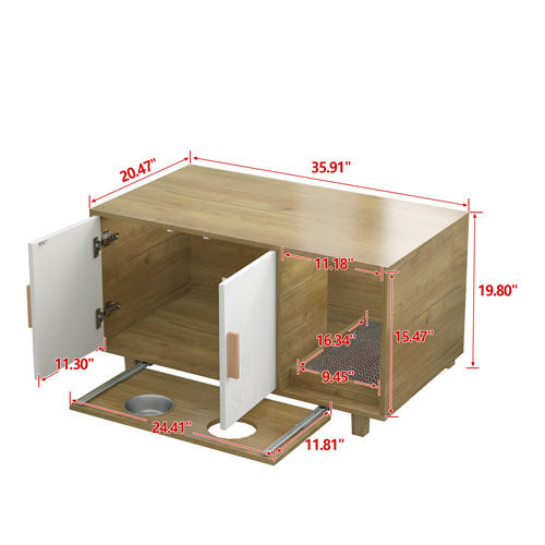 Cat Litter Box Enclosure with Bowls & Scratch Pad (Brown)