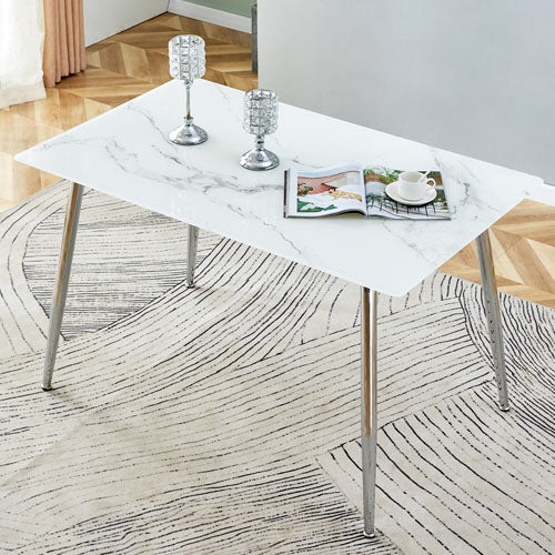 Minimalist White Marbled Glass Desktop w/ Silver Metal Legs