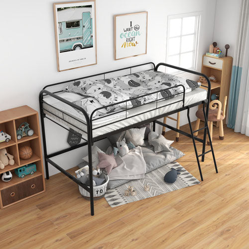 Twin-Sized Full Metal High Loft Bedframe with Ladder & Rails