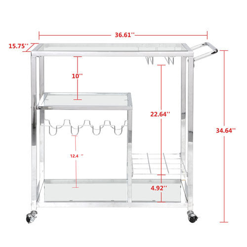 Modern Glass Bar Cart w/ Metal Frame & Wine Storage (Silver)