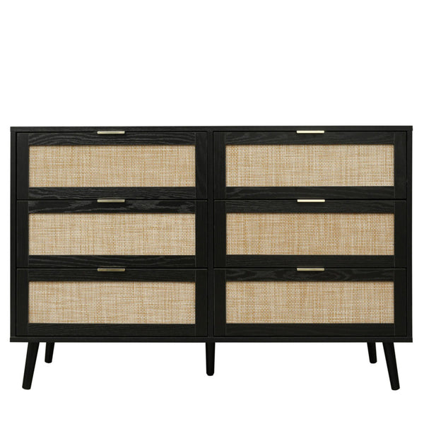 Modern Wood & Rattan 6-Drawer Dresser