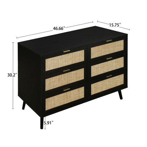 Modern Wood & Rattan 6-Drawer Dresser