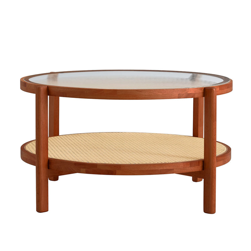 Mesa de café de ratán circular de doble capa de madera