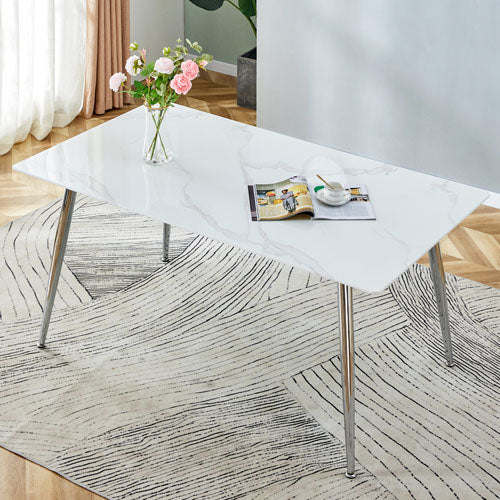 4-6 Seater Modern Thick Marbled Dining Table w/ Silver Legs