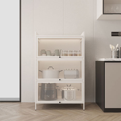 Freestanding Pantry Cabinet with Retractable Doors (White)