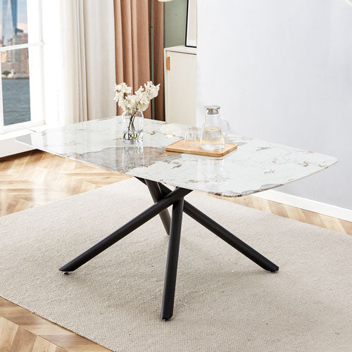 6-8 Seater Dining Table with Marble Glass Top & Metal Legs