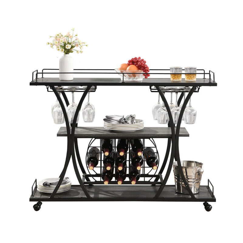 Kitchen 3-Tier Storage Shelves Cart with Wine Rack (Black)