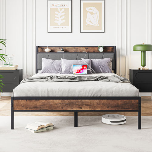 Queen-Sized Platform Bedframe w/ Storage & Wooden Headboard