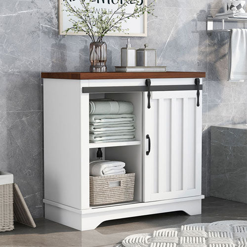 Bathroom Storage Cabinet with Sliding Barn Door (White)