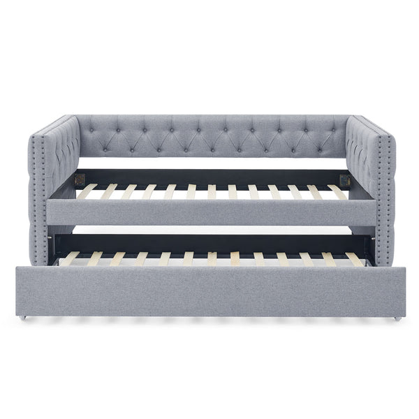 Twin Upholstered Daybed with Trundle Tufted Button (Grey)