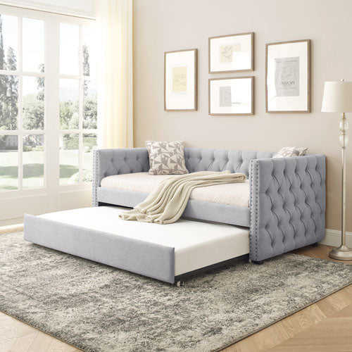 Twin Upholstered Daybed with Trundle Tufted Button (Grey)