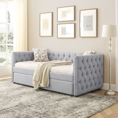 Twin Upholstered Daybed with Trundle Tufted Button (Grey)