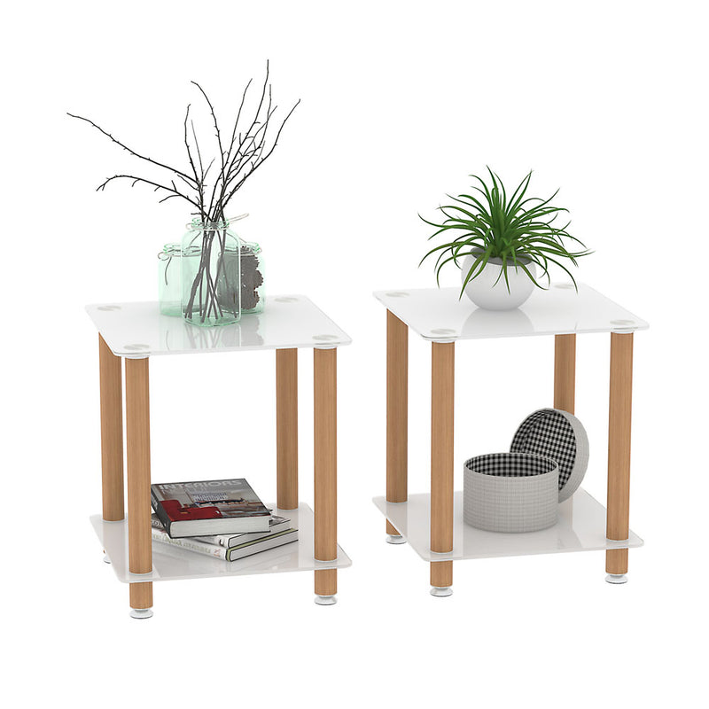 2-Tier Modern Side Table w/ Storage Shelve 2pcs (White+Oak)