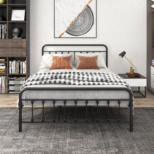 Queen-Sized Steel Platform Bedframe with Vintage Headboard