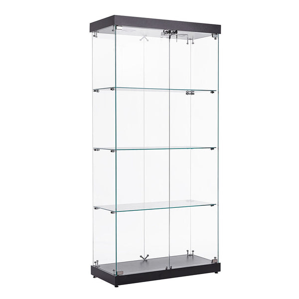 4-Tier Black Glass Display Cabinet w/ Double Doors & Locks