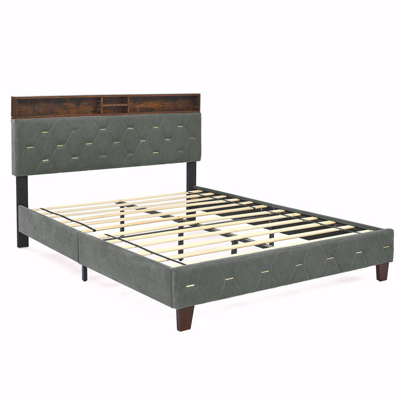 12-Slat Queen-Sized Bedframe w/ Upholstered Headboard (Grey)