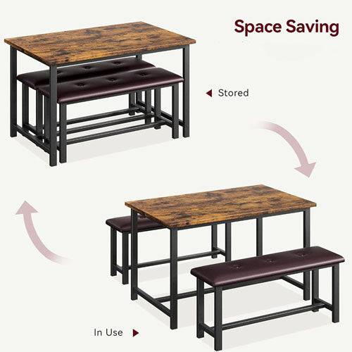 Industrial Style Dining Table Set with 2 Benches (Brown)