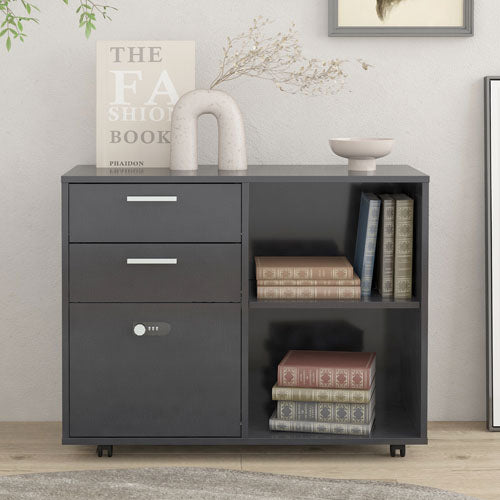 Portable Wooden File Cabinet with Safety Lock (Dark Grey)