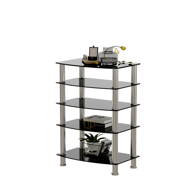 5-Tier Glass Side Table with Stainless Steel Frame (Black)