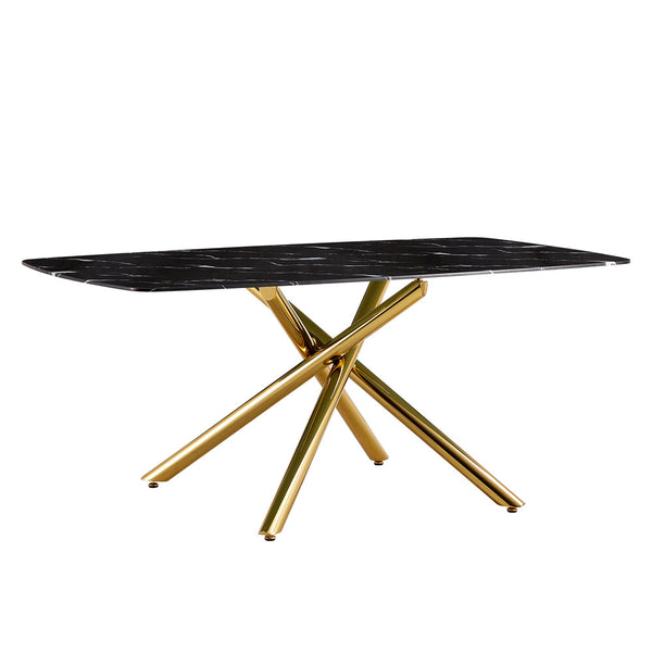 6-8 Seater Dining Table w/ Black Marble Top & One Gold Leg