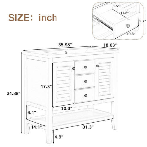 Bathroom Vanity with Ceramic Basin 36" (White)