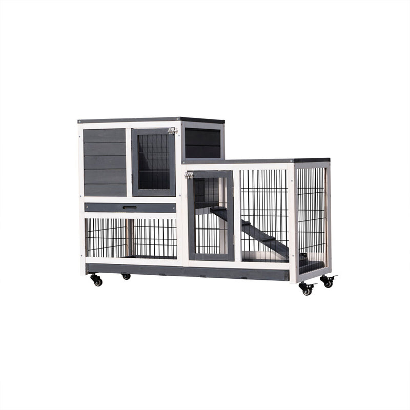 Modern Animal Crate Pet Hutch with Ramp & Wheels (Grey)