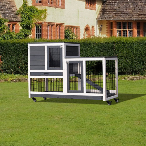 Modern Animal Crate Pet Hutch with Ramp & Wheels (Grey)