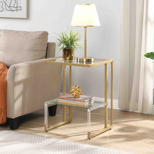 2-Tier Acrylic Glass End Table with Golden Side