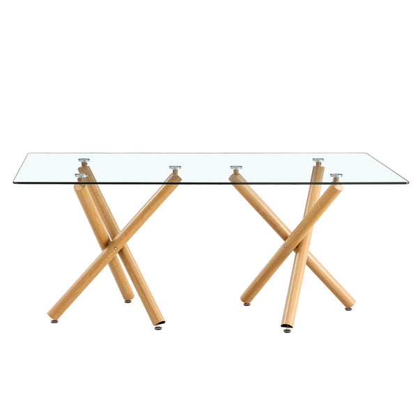 6-8 Seater Table with Transparent Top & Wooden Metal Leg