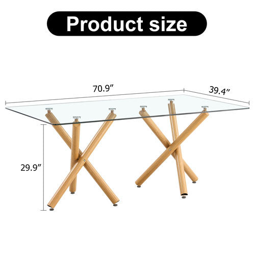 6-8 Seater Table with Transparent Top & Wooden Metal Leg