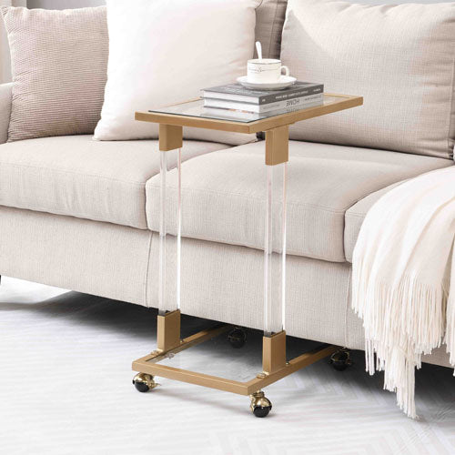 Top C Shape Acrylic Sofa Table with Glass Top & 4 Wheels