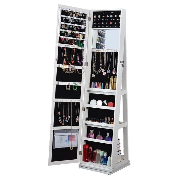 Full-Length Mirror & Lockable Jewelry Organizer (White)