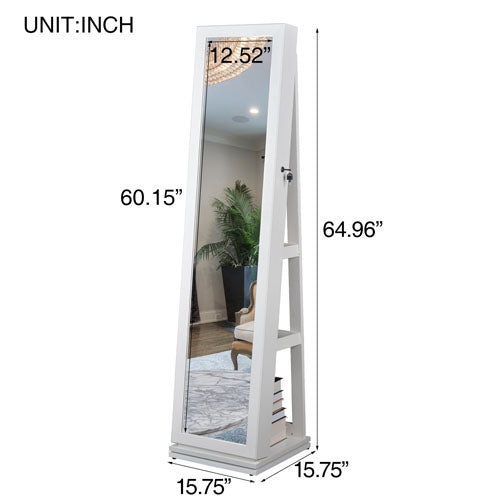 Full-Length Mirror & Lockable Jewelry Organizer (White)