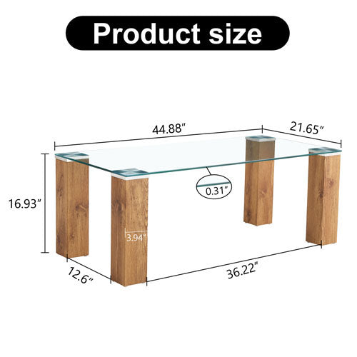 Transparent Glass-Top Rectangular Coffee Table w/ MDF Legs