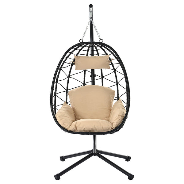 Wicker Hanging Egg Chair with Stand (Beige)