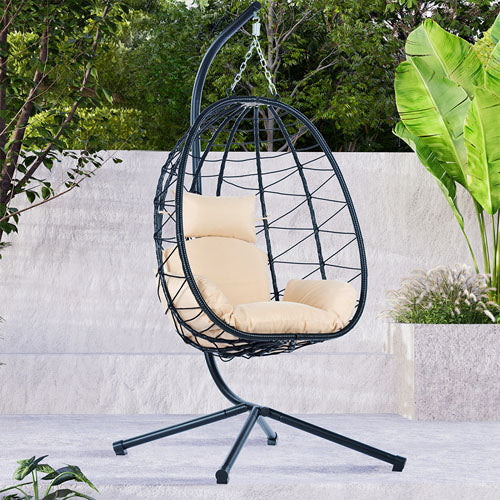 Wicker Hanging Egg Chair with Stand (Beige)