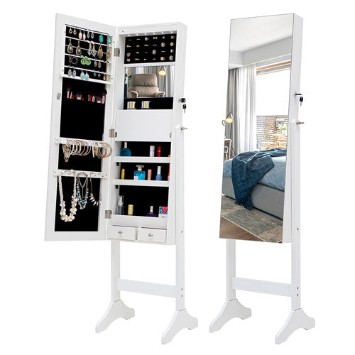 Body Mirror w/ Jewelry Cabinet & LED Lights & Stand