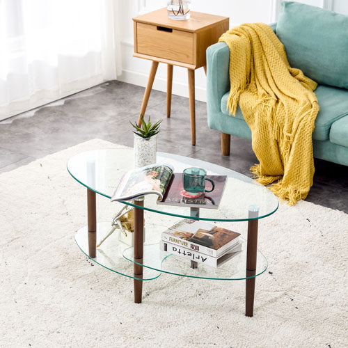 3 Layered Transparent Glass Oval Modern Coffee Table (Brown)