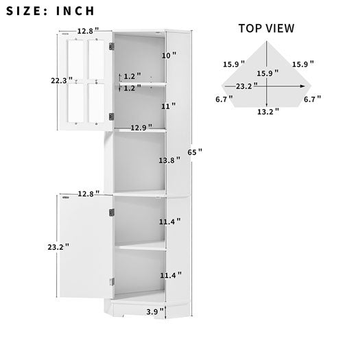 Tall Corner Cabinet w/ Glass Door & Adjustable Shelf (White)