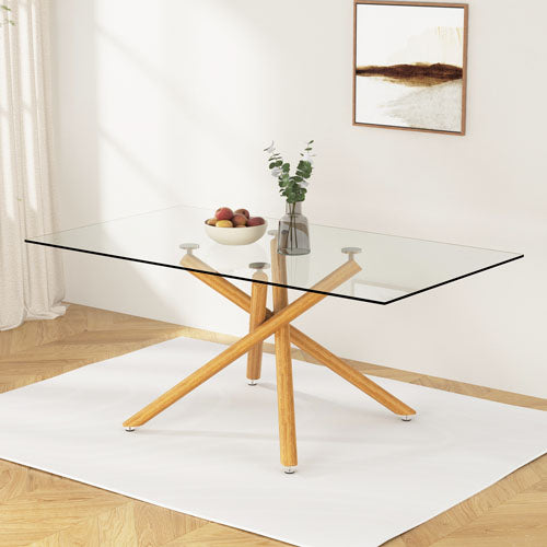 6-8 Seater Dining Table with Glass Top & Single Metal Legs