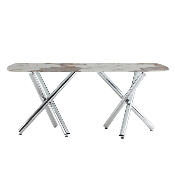 6-8 Seater Table with White Marble Top & Silver Metal Legs