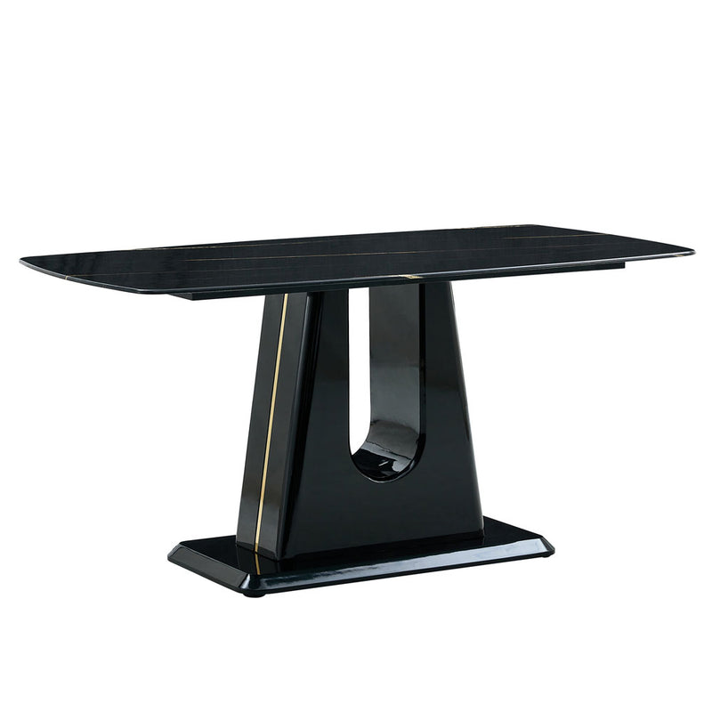 Modern Dining Glass Black Marble Tabletop with Gold Accent