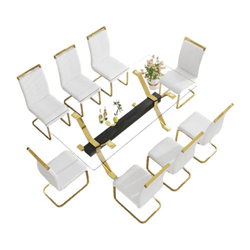 Tempered Glass Table w/ 8 Gold Plated Dining Chair