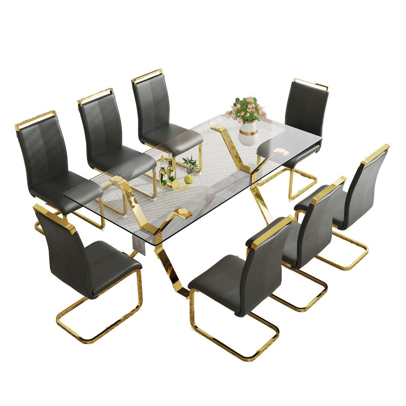 Mesa de vidrio templado con 8 silla de comedor chapada en oro